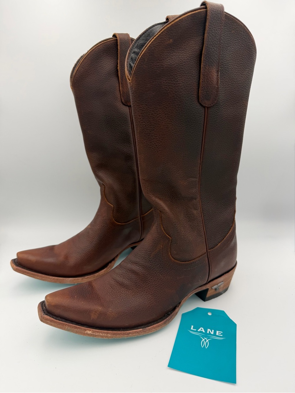 NEW Lane Boots Emma Jane Snip Toe Leather Cowboy Boots Cognac Brown - Size 8
